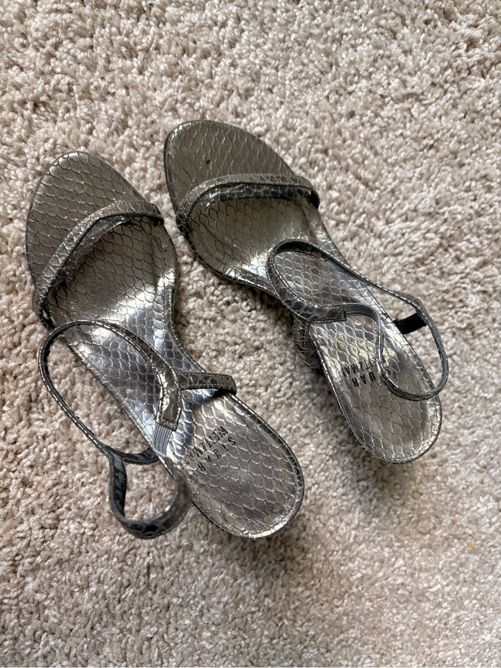 Stuart Weitzman metallic silver snakeskin-embossed sandals — Size 35 EU